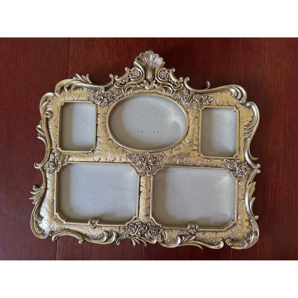 Vintage Ornate Gold Collage Picture Frame Rose Floral Multi Photo 5 Openings